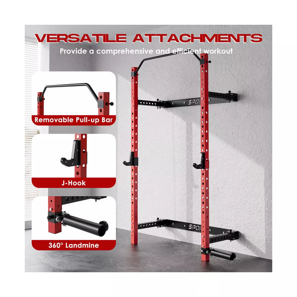 Garvee Folding Squat Rack, 1000LBS Capacity Wall Mounted Squat Rack, Foldable Squat Rack with Pull up Bar, J Hook, Landmine for Home Gym