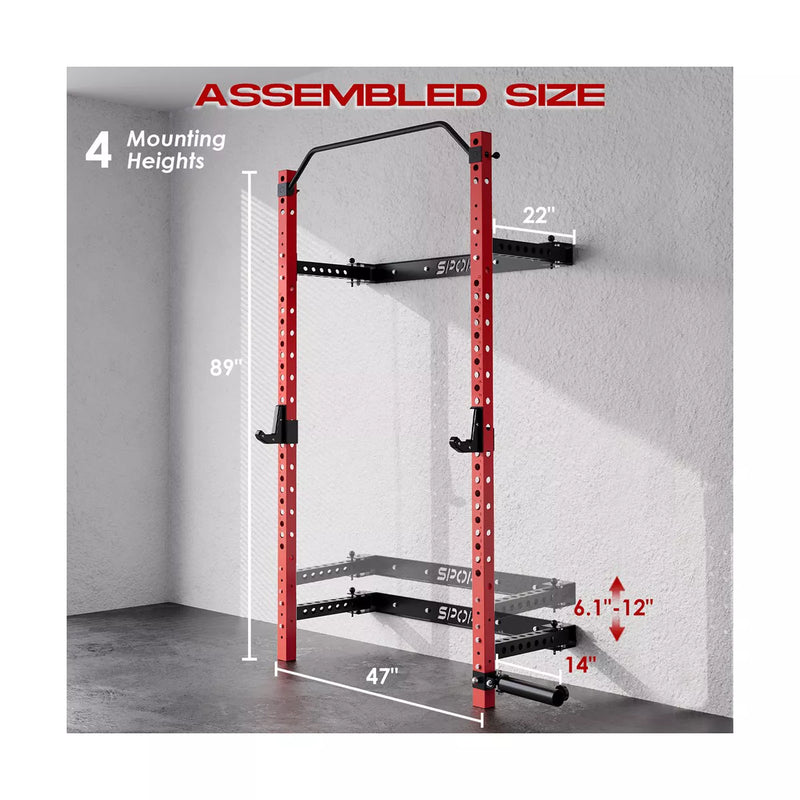 Garvee Folding Squat Rack, 1000LBS Capacity Wall Mounted Squat Rack, Foldable Squat Rack with Pull up Bar, J Hook, Landmine for Home Gym